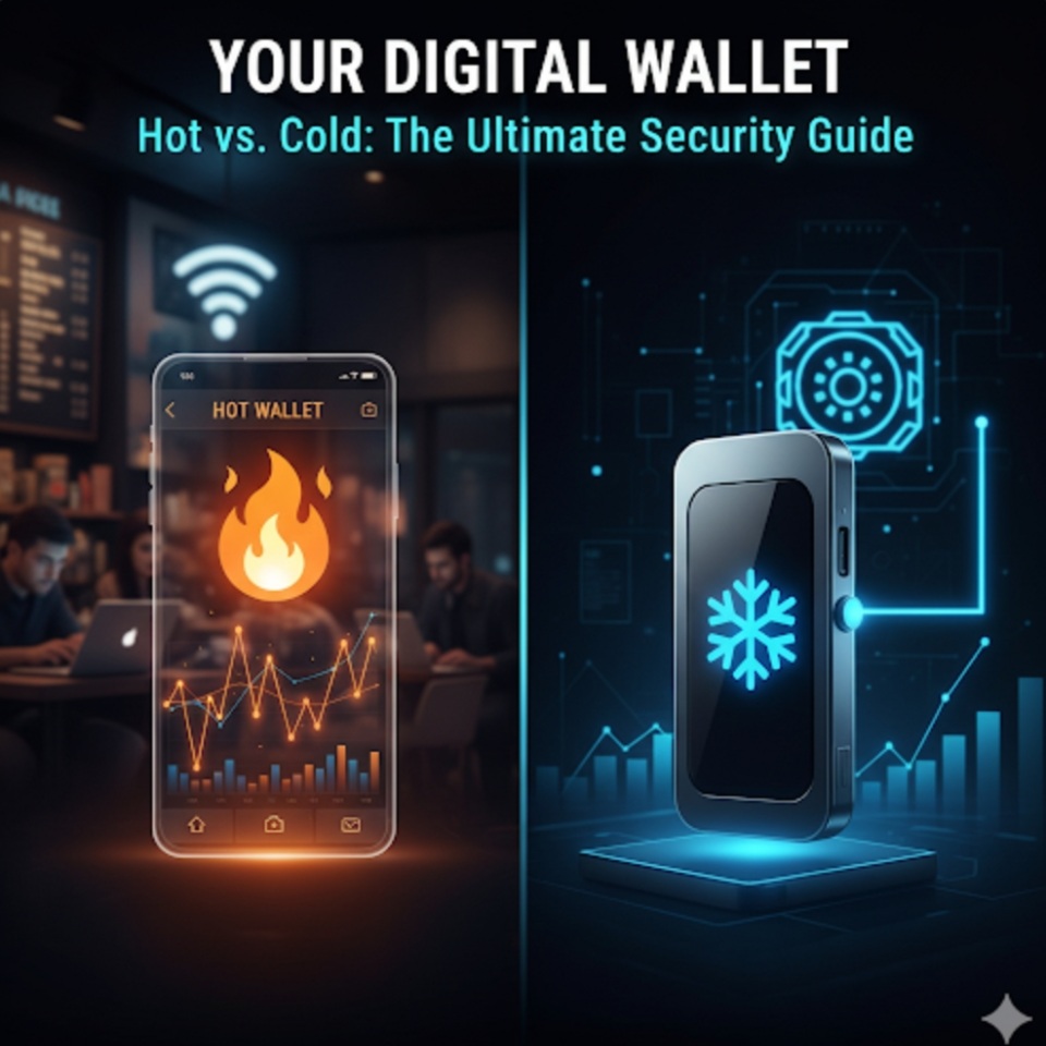 A visual comparison between a digital 'hot' crypto wallet on a phone and a physical 'cold' hardware wallet, highlighting security differences.