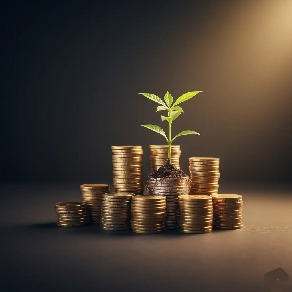 A small plant growing inside a coin, symbolizing wealth and investment growth over time.