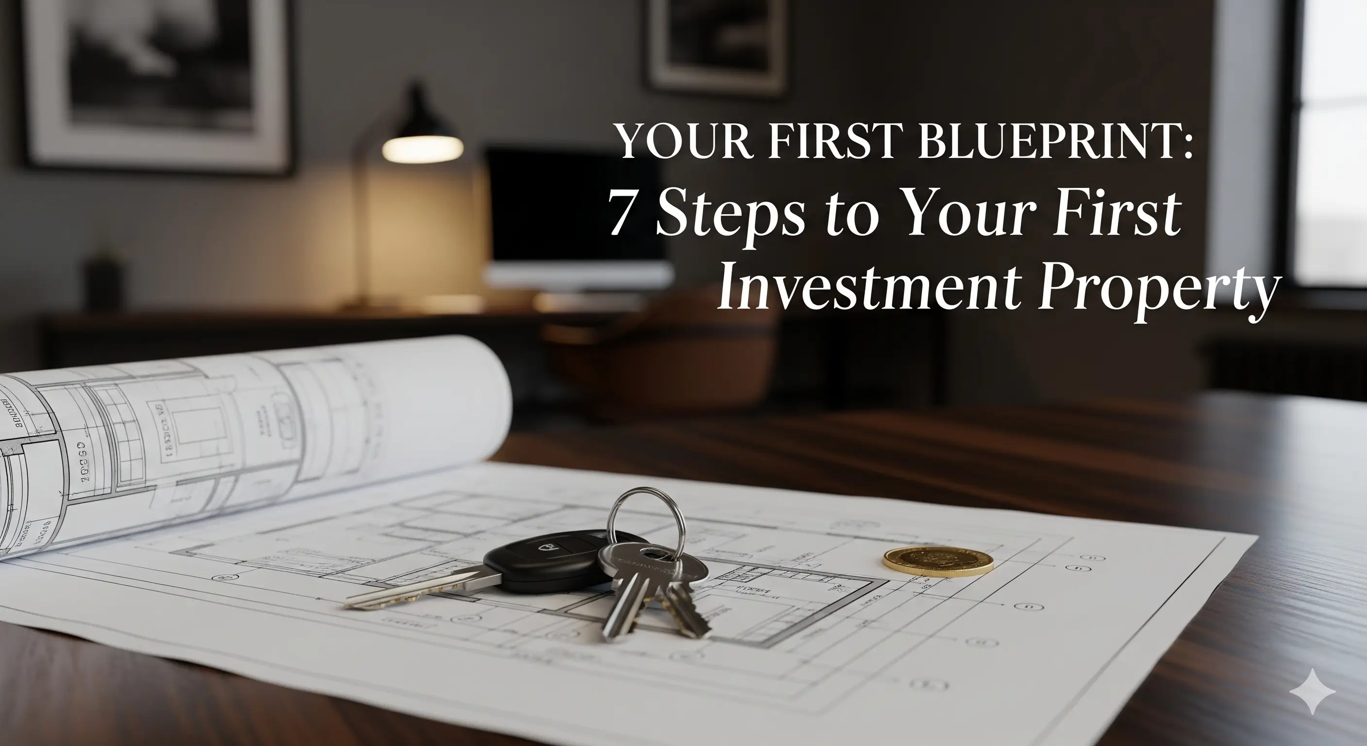 A blueprint for a house with keys and a coin, representing the first steps to buying an investment property.