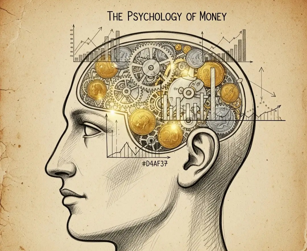 A human head silhouette filled with financial symbols and clockwork, representing the psychology of money in investing.